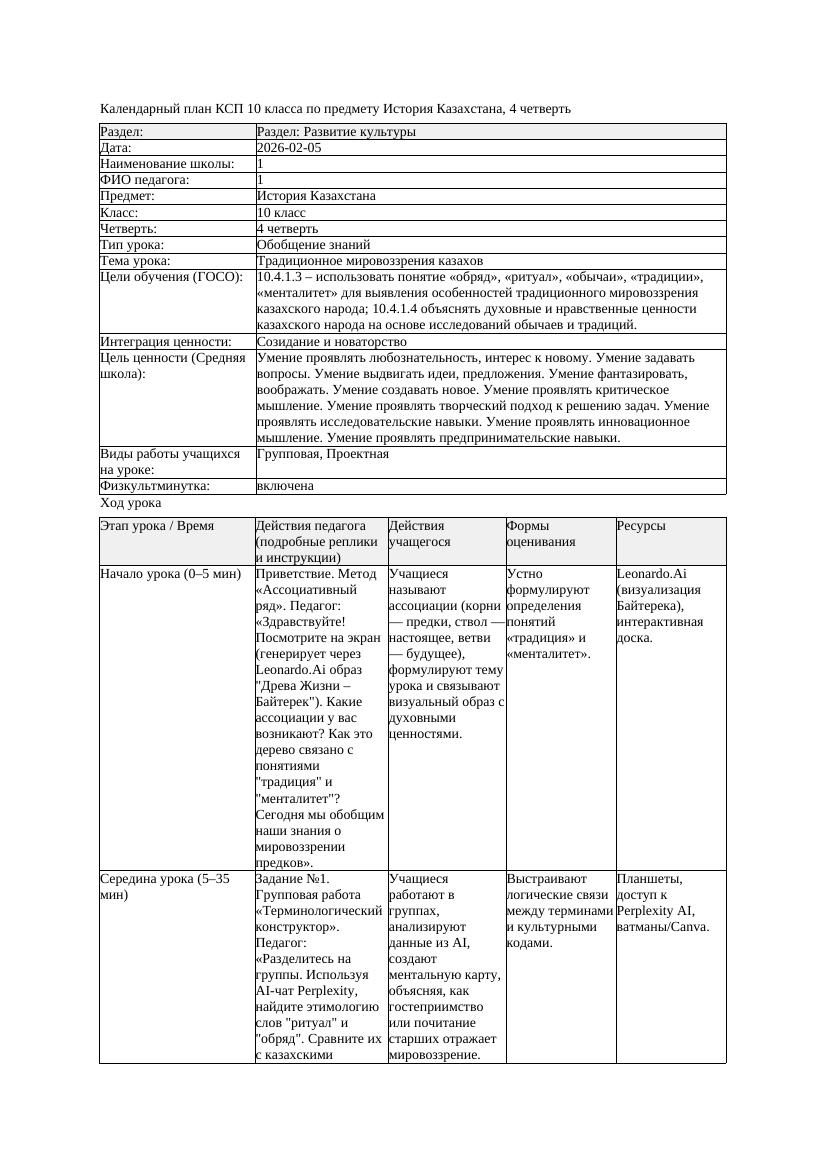КСП История Казахстана 10класс ОГН 4четверть Традиционное мировоззрения