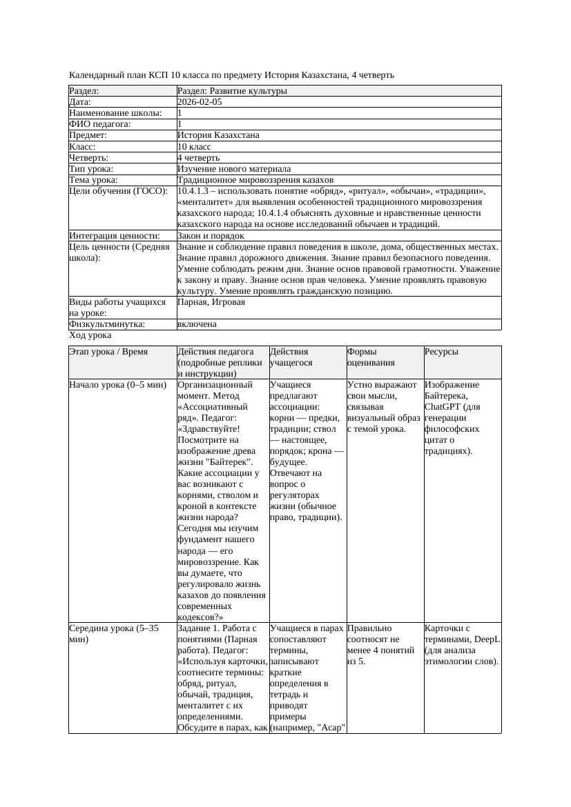КСП История Казахстана 10класс ОГН 4четверть Традиционное мировоззрения
