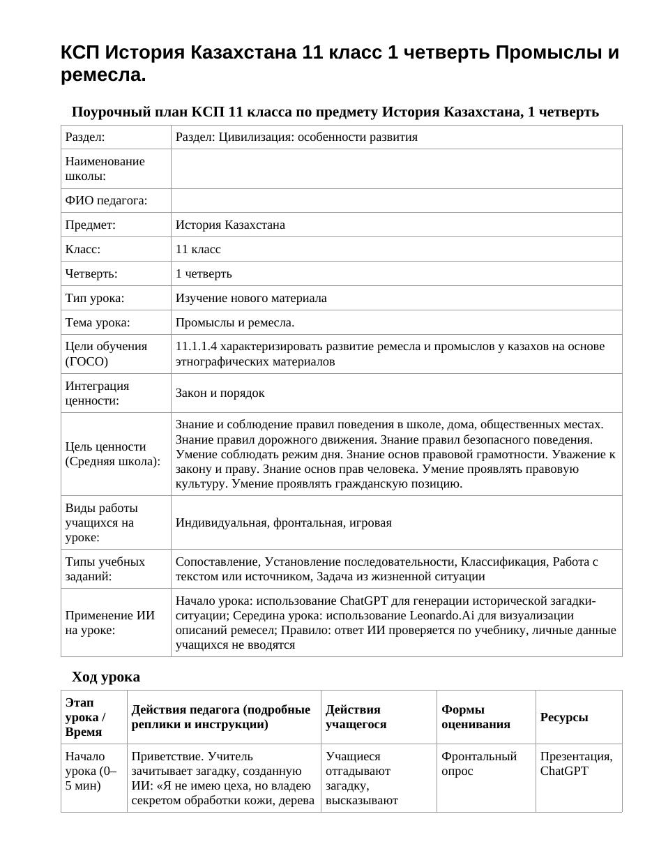 КСП История Казахстана 11 класс 1 четверть Промыслы и ремесла.