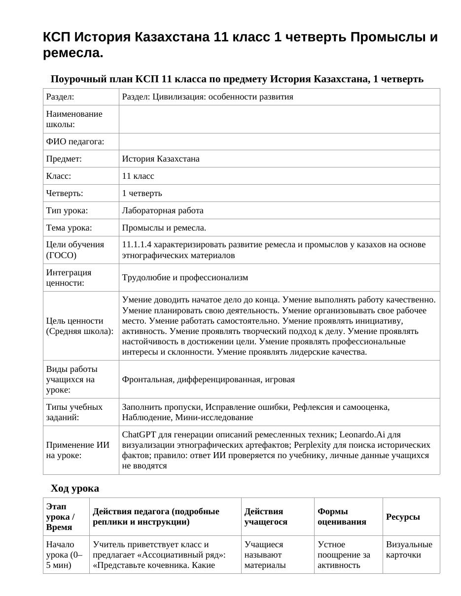 КСП История Казахстана 11 класс 1 четверть Промыслы и ремесла.