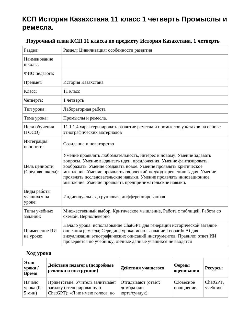 КСП История Казахстана 11 класс 1 четверть Промыслы и ремесла.