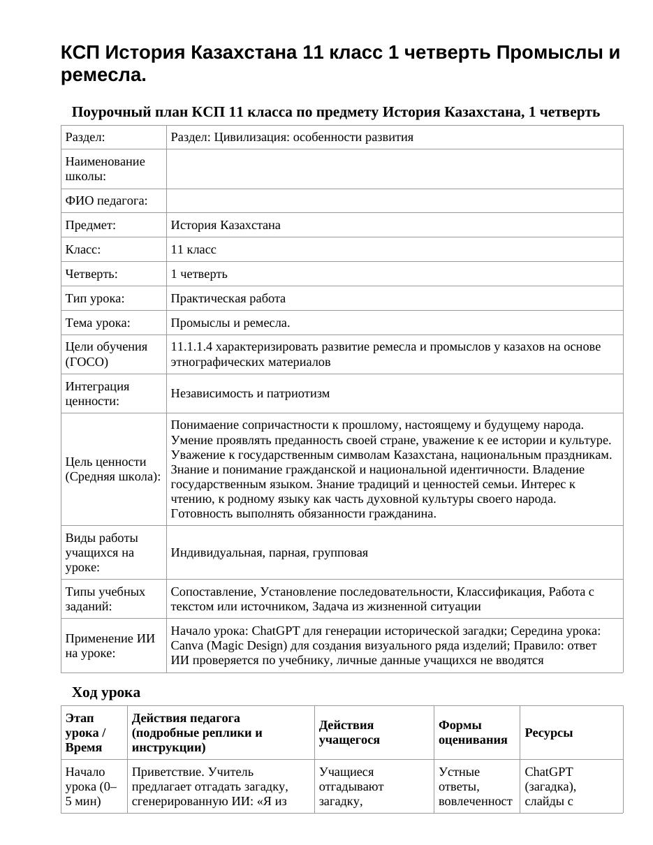КСП История Казахстана 11 класс 1 четверть Промыслы и ремесла.
