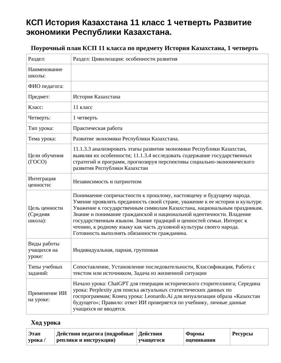 КСП История Казахстана 11 класс 1 четверть Развитие экономики Республики Казахстана.