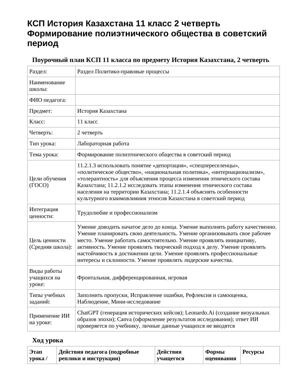 КСП История Казахстана 11 класс 2 четверть Формирование полиэтнического общества в советский период