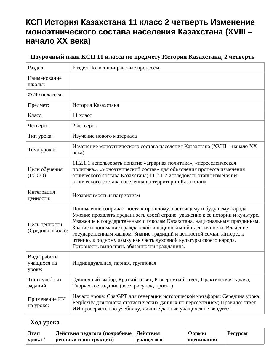 КСП История Казахстана 11 класс 2 четверть Изменение моноэтнического состава населения Казахстана (XVIII – начало ХХ века)