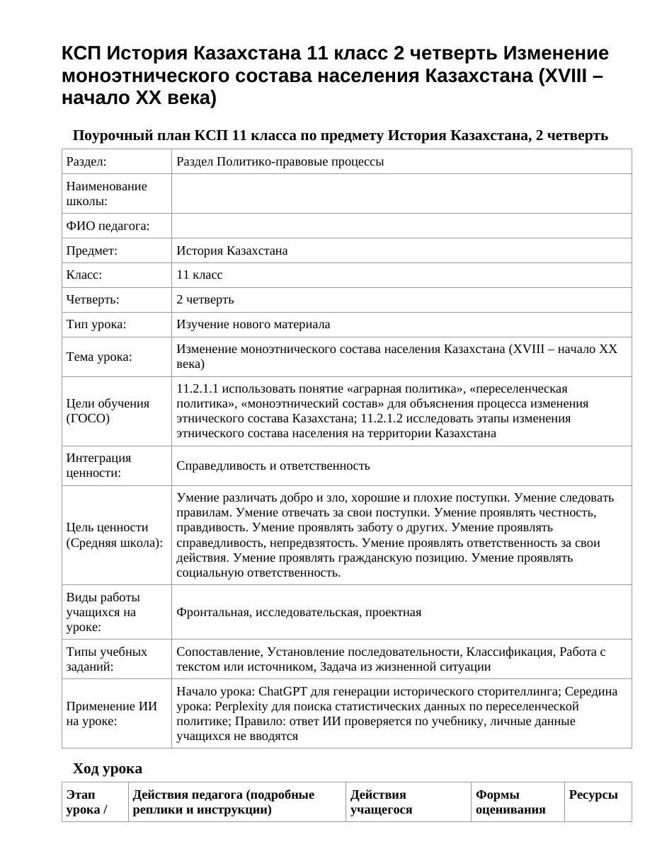КСП История Казахстана 11 класс 2 четверть Изменение моноэтнического состава населения Казахстана (XVIII – начало ХХ века)