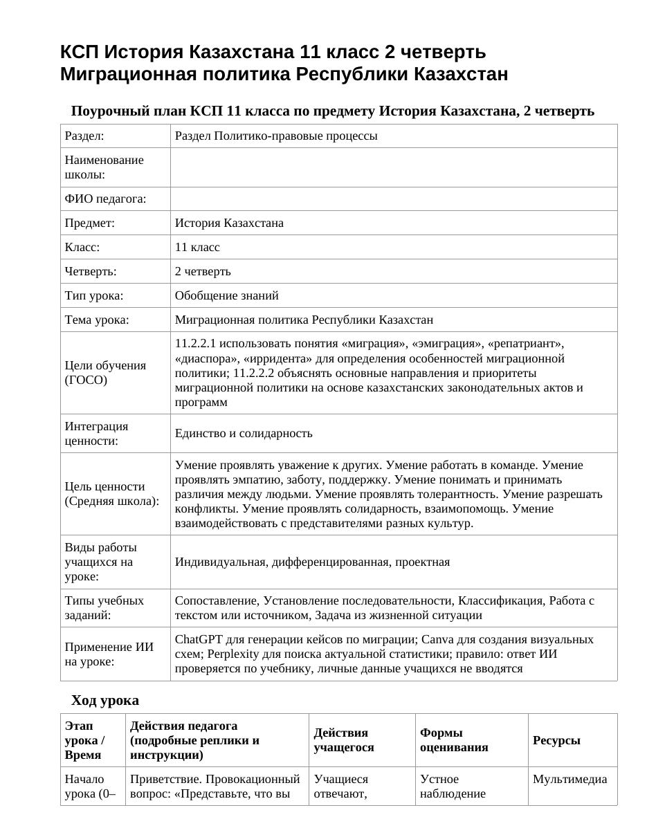 КСП История Казахстана 11 класс 2 четверть Миграционная политика Республики Казахстан