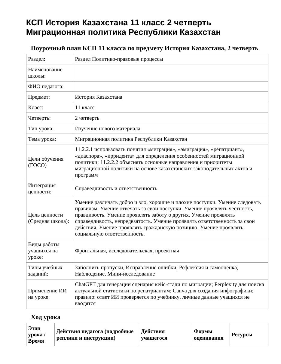 КСП История Казахстана 11 класс 2 четверть Миграционная политика Республики Казахстан