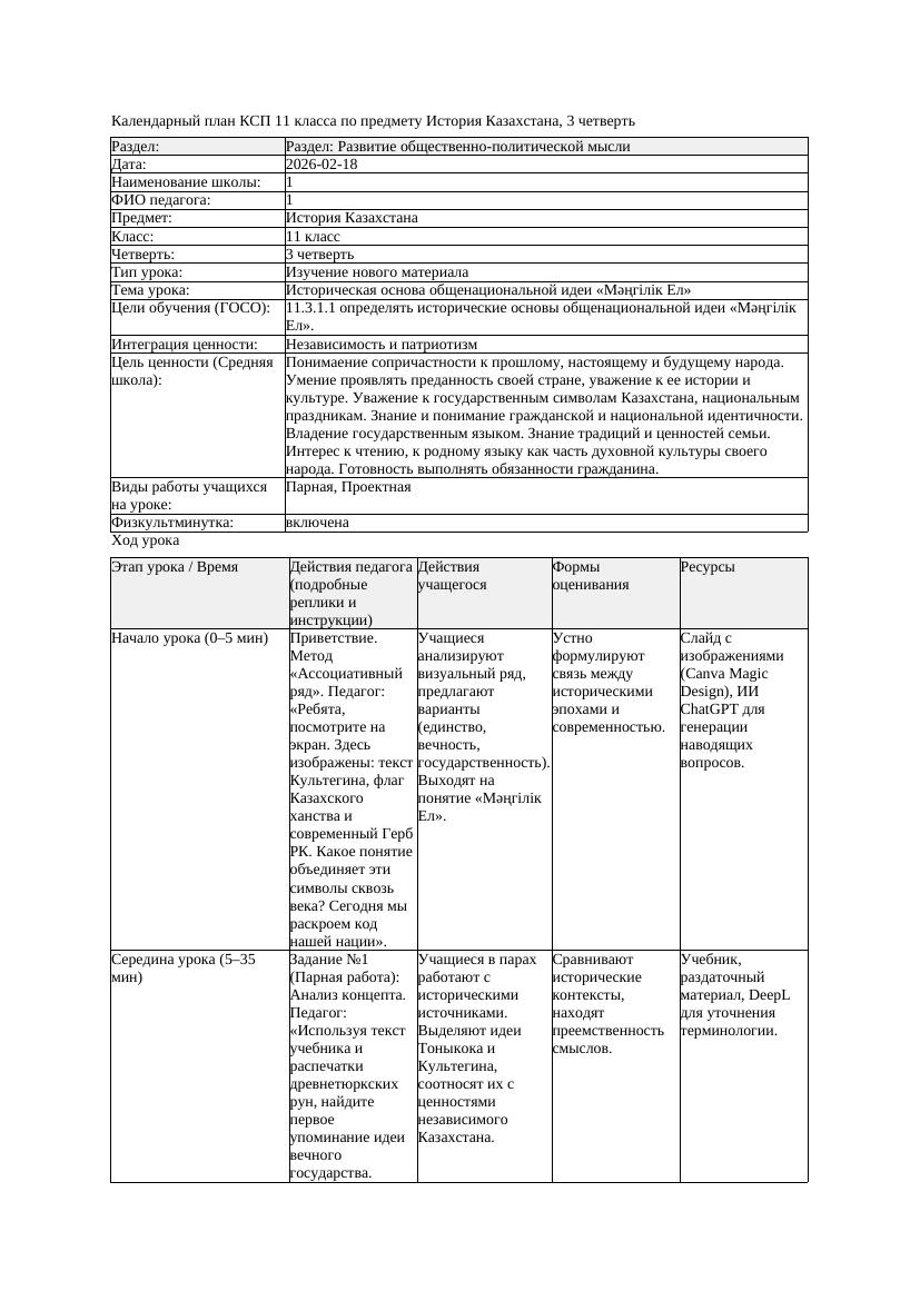 КСП История Казахстана 11класс 3 четверть Историческая основа общенациональ