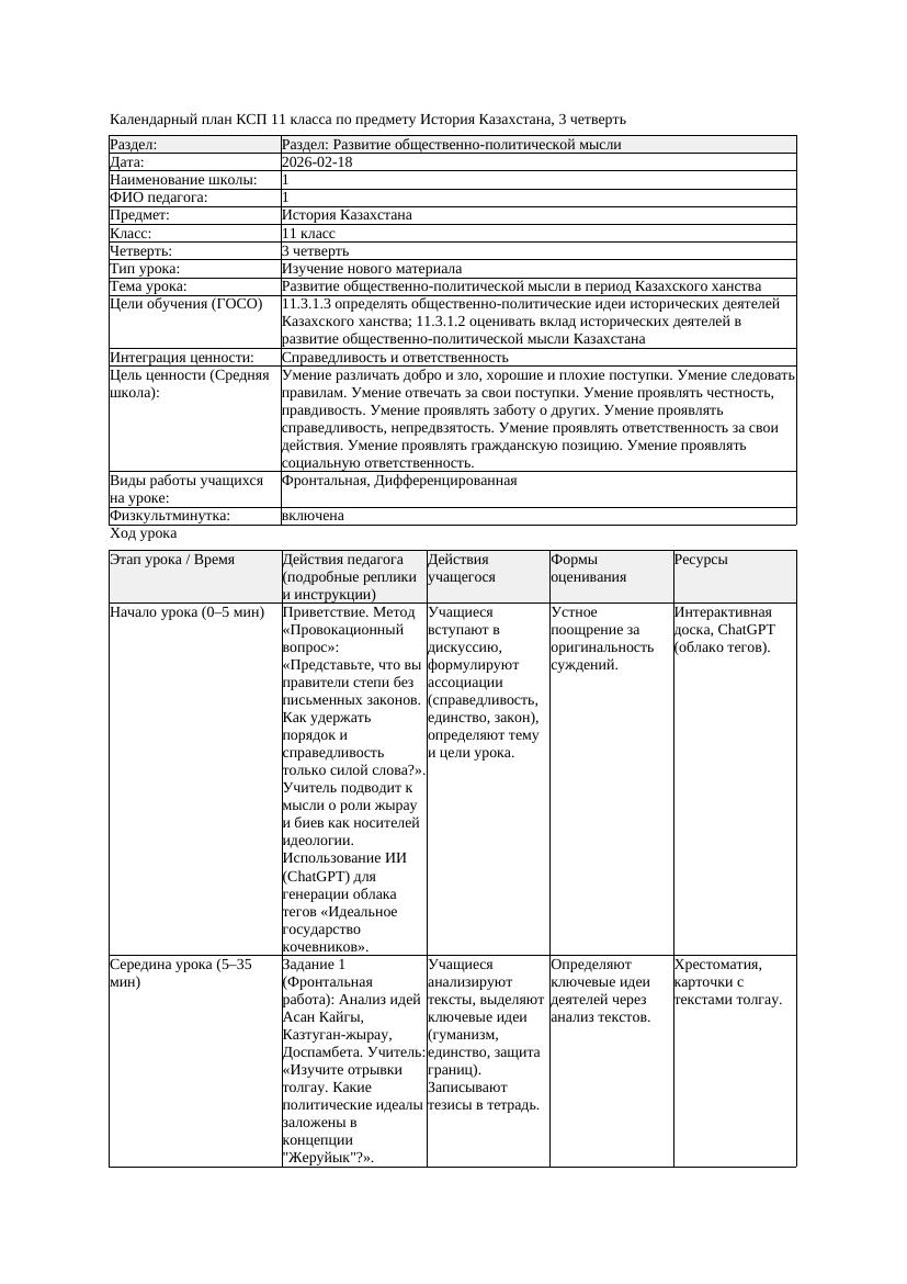 КСП История Казахстана 11класс 3 четверть Развитие общественно политической