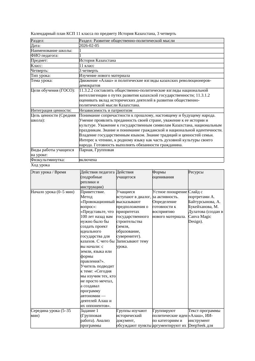 КСП История Казахстана 11класс ЕМН 3четверть Движение Алаш и политические