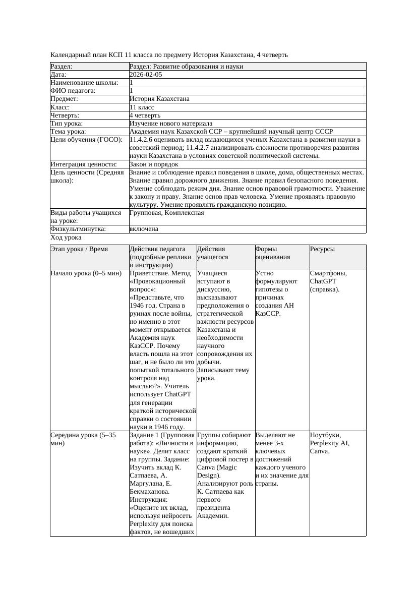 КСП История Казахстана 11класс ЕМН 4четверть Академия наук Казахской