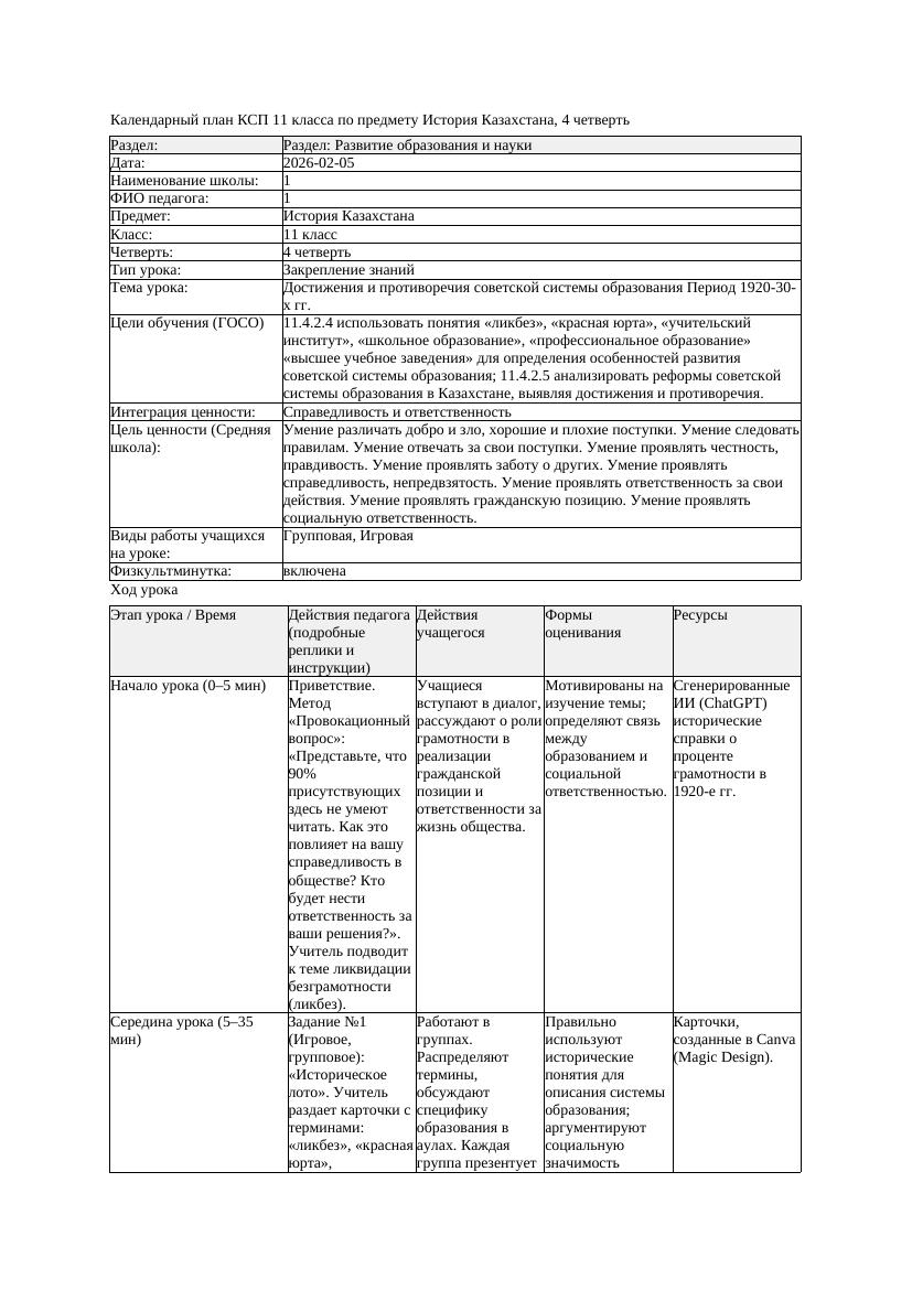 КСП История Казахстана 11класс ЕМН 4четверть Достижения и противоречия