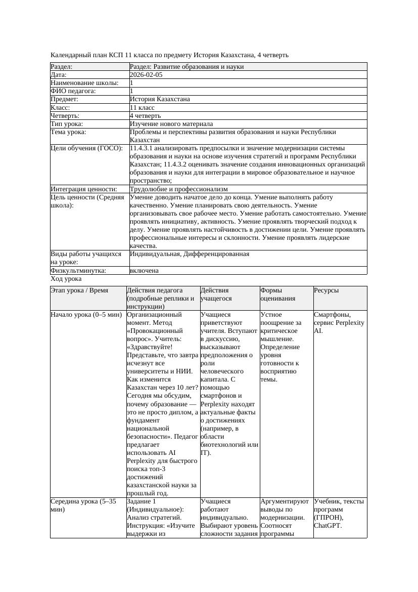 КСП История Казахстана 11класс ЕМН 4четверть Проблемы и перспективы
