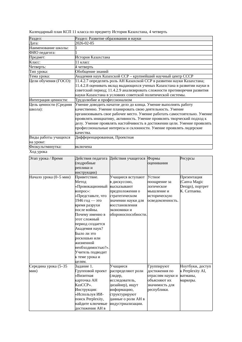 КСП История Казахстана 11класс ОГН 4четверть Академия наук Казахской