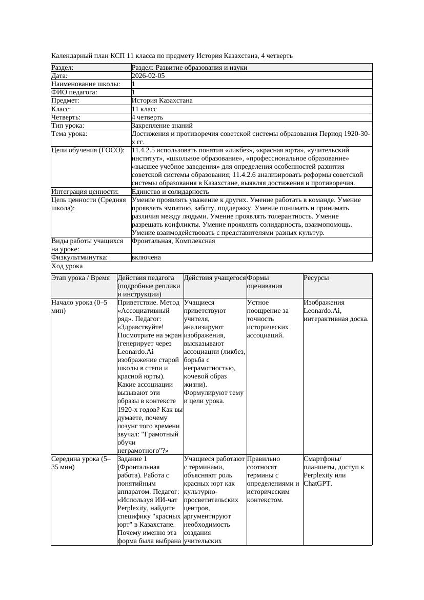 КСП История Казахстана 11класс ОГН 4четверть Достижения и противоречия
