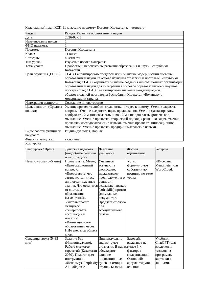КСП История Казахстана 11класс ОГН 4четверть Проблемы и перспективы
