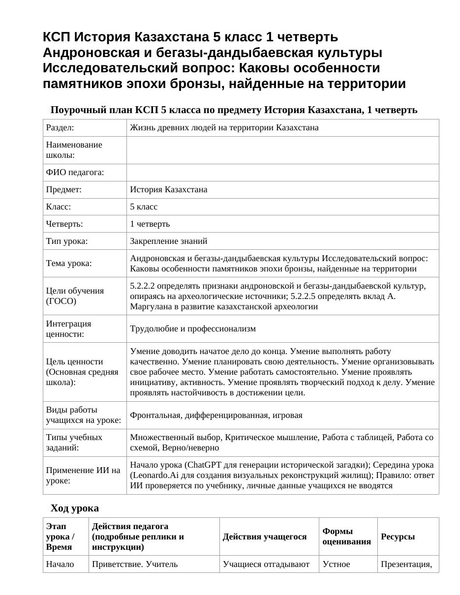 КСП История Казахстана 5 класс 1 четверть Андроновская и бегазы-дандыбаевская культуры Исследовательский вопрос: Каковы особенности памятников эпохи бронзы, найденные на территории