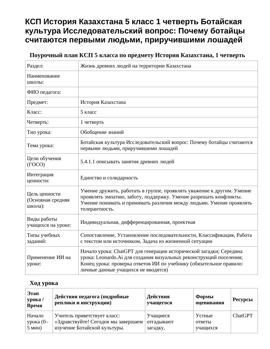 КСП История Казахстана 5 класс 1 четверть Ботайская культура Исследовательский вопрос: Почему ботайцы считаются первыми людьми, приручившими лошадей