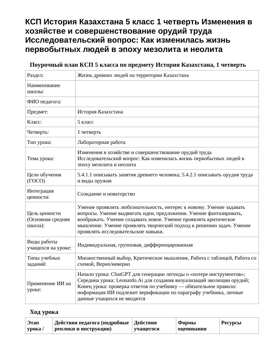 КСП История Казахстана 5 класс 1 четверть Изменения в хозяйстве и совершенствование орудий труда Исследовательский вопрос: Как изменилась жизнь первобытных людей в эпоху мезолита и неолита