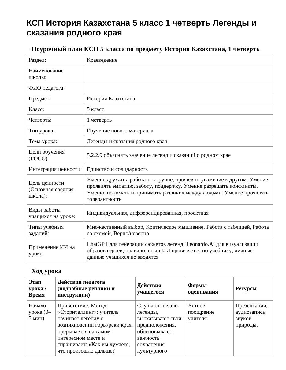 КСП История Казахстана 5 класс 1 четверть Легенды и сказания родного края