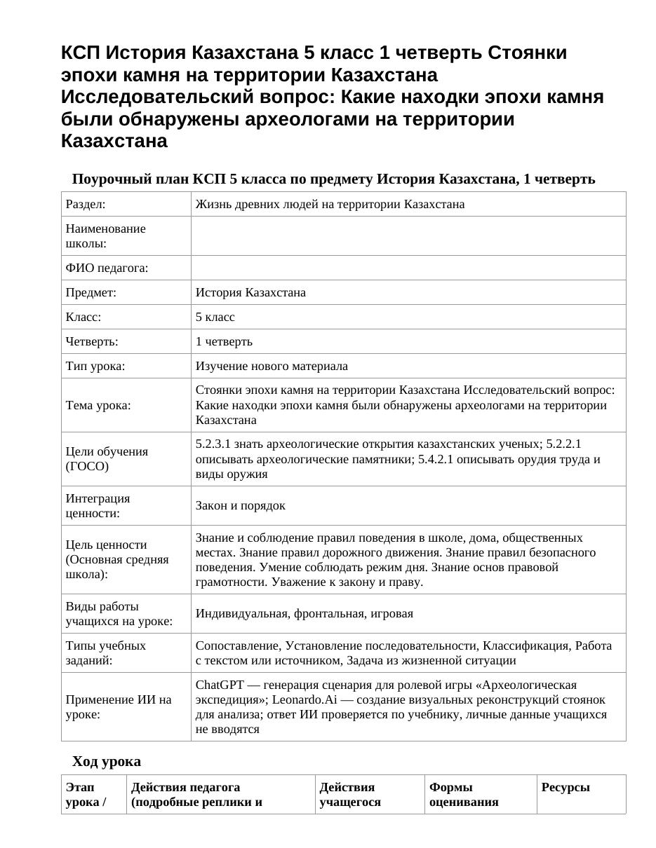 КСП История Казахстана 5 класс 1 четверть Стоянки эпохи камня на территории Казахстана Исследовательский вопрос: Какие находки эпохи камня были обнаружены археологами на территории Казахстана