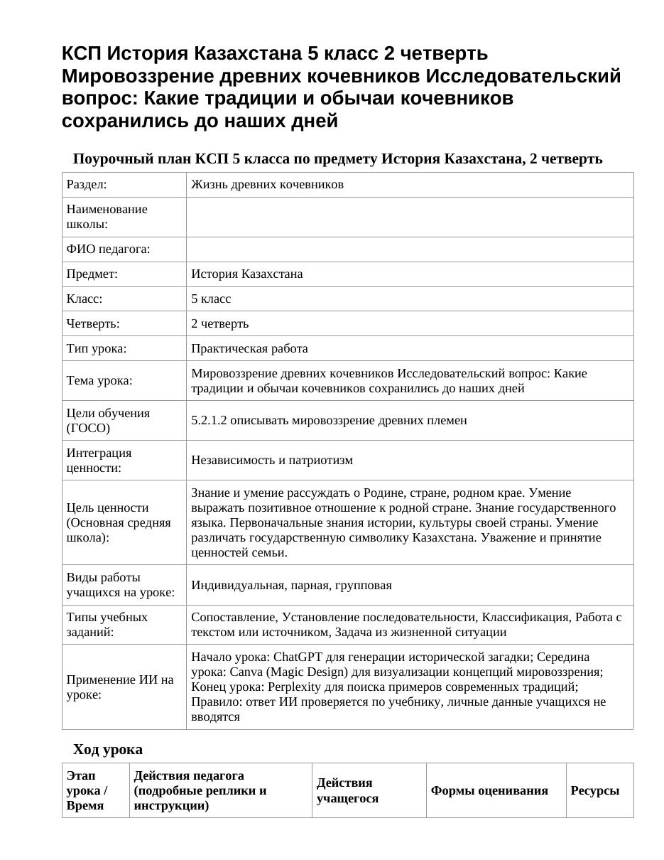 КСП История Казахстана 5 класс 2 четверть Мировоззрение древних кочевников Исследовательский вопрос: Какие традиции и обычаи кочевников сохранились до наших дней