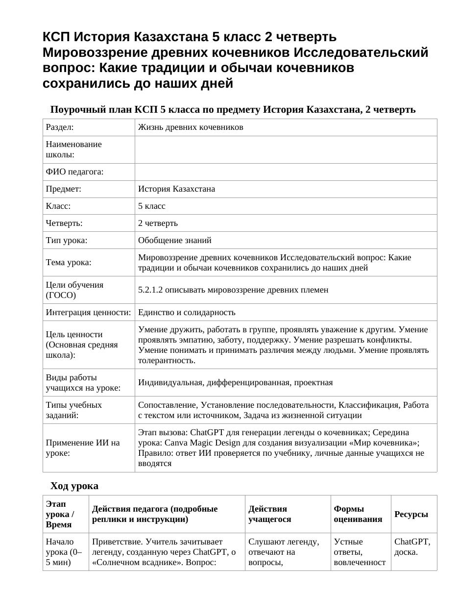 КСП История Казахстана 5 класс 2 четверть Мировоззрение древних кочевников Исследовательский вопрос: Какие традиции и обычаи кочевников сохранились до наших дней