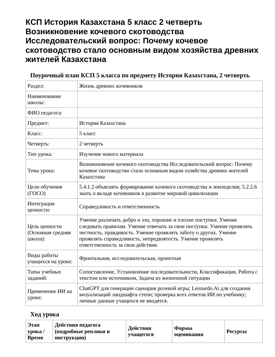 КСП История Казахстана 5 класс 2 четверть Возникновение кочевого скотоводства Исследовательский вопрос: Почему кочевое скотоводство стало основным видом хозяйства древних жителей Казахстана