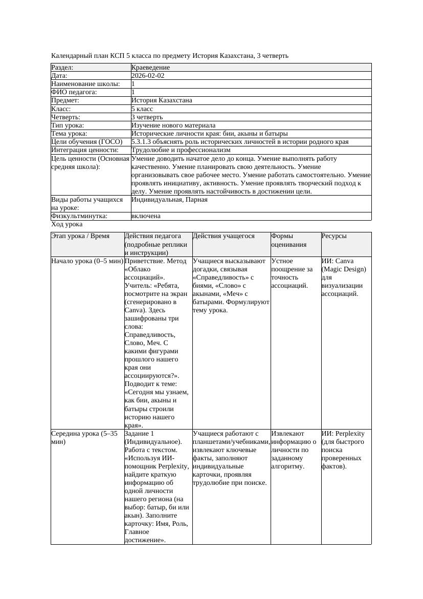 КСП История Казахстана 5класс 3четверть Исторические личности края