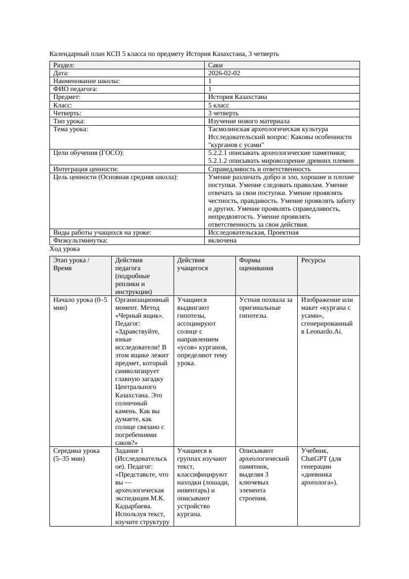 КСП История Казахстана 5класс 3четверть Тасмолинская археологическая