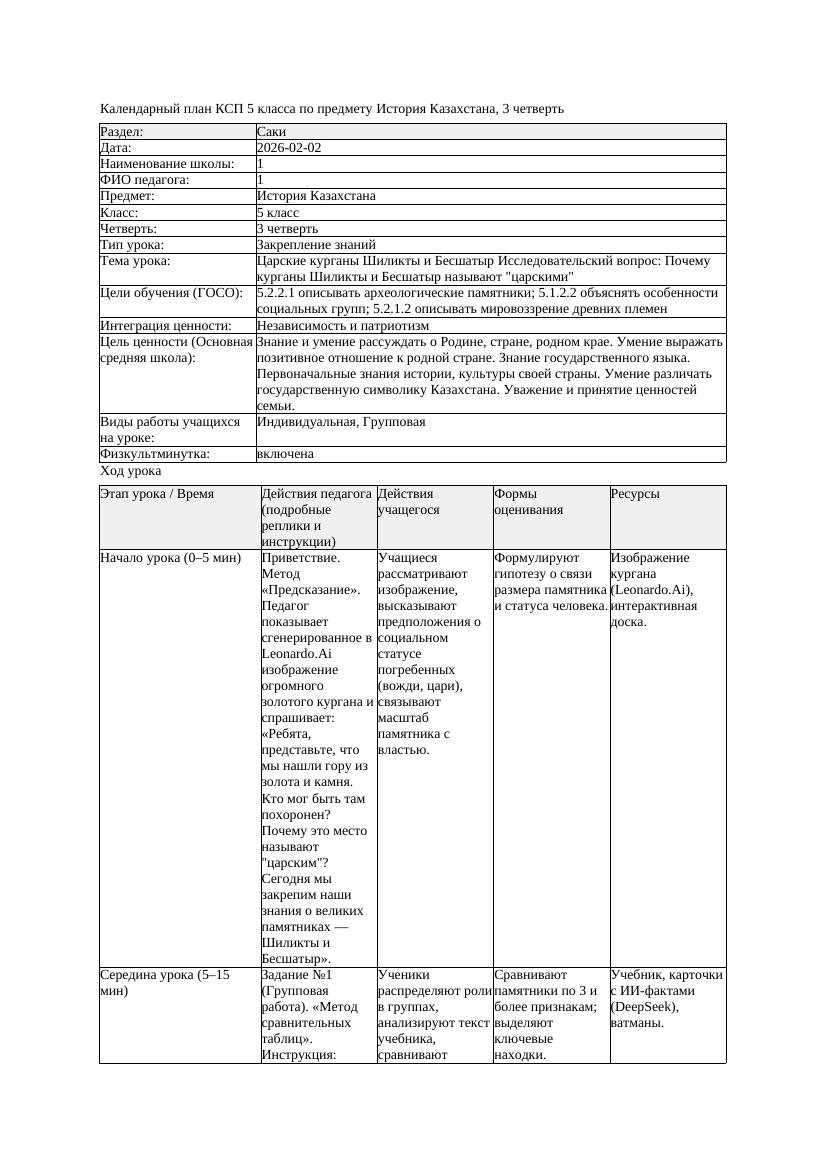 КСП История Казахстана 5класс 3четверть Царские курганы Шиликты