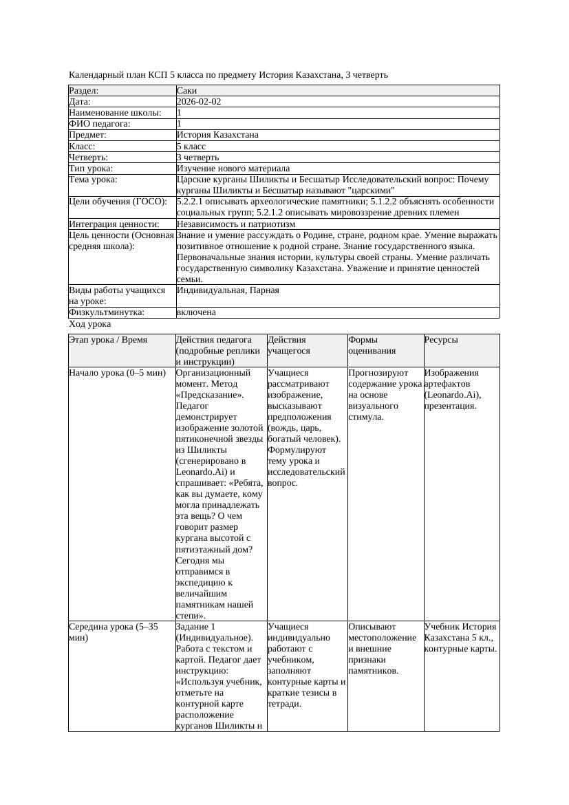 КСП История Казахстана 5класс 3четверть Царские курганы Шиликты