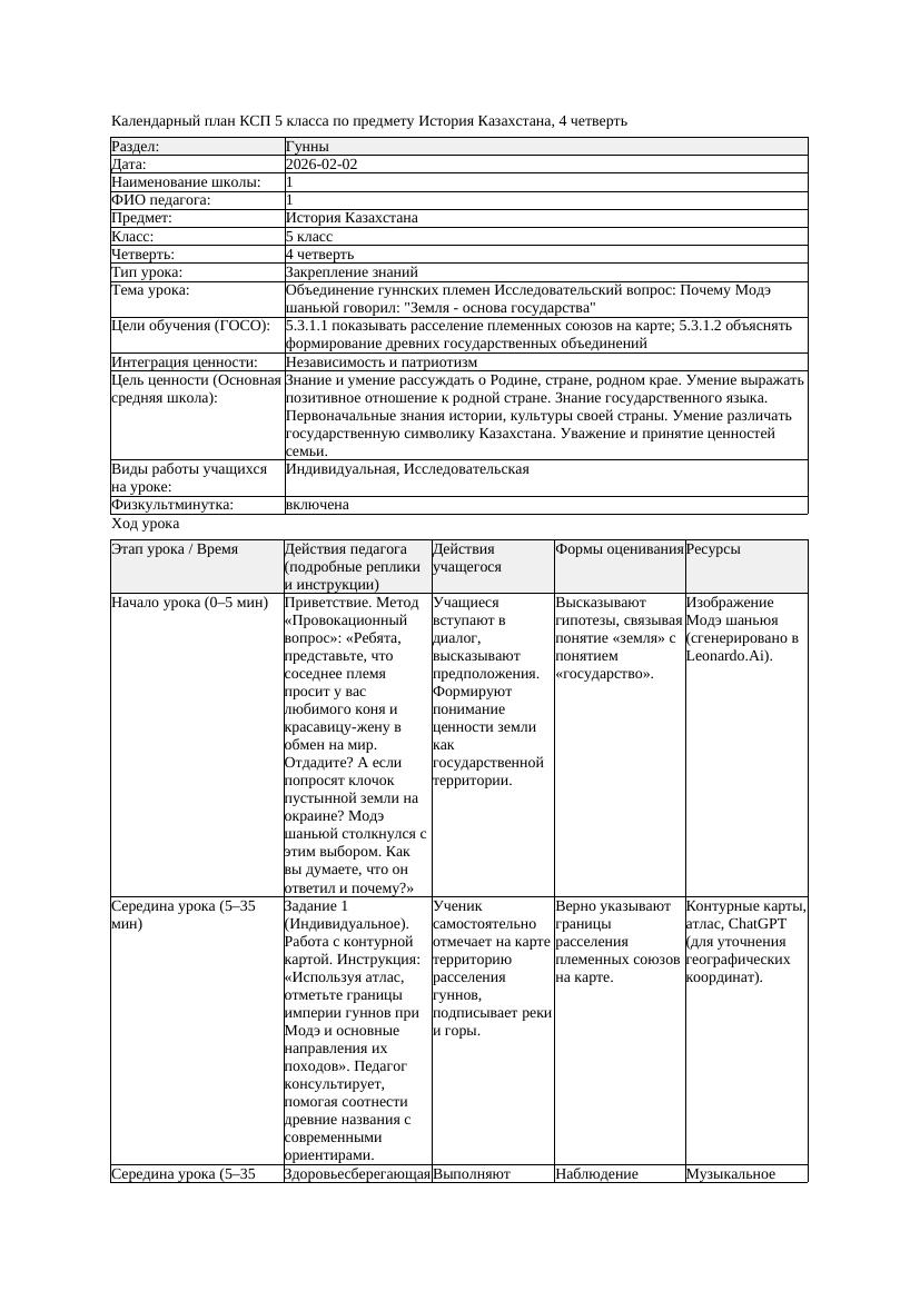 КСП История Казахстана 5класс 4четверть Объединение гуннских племен