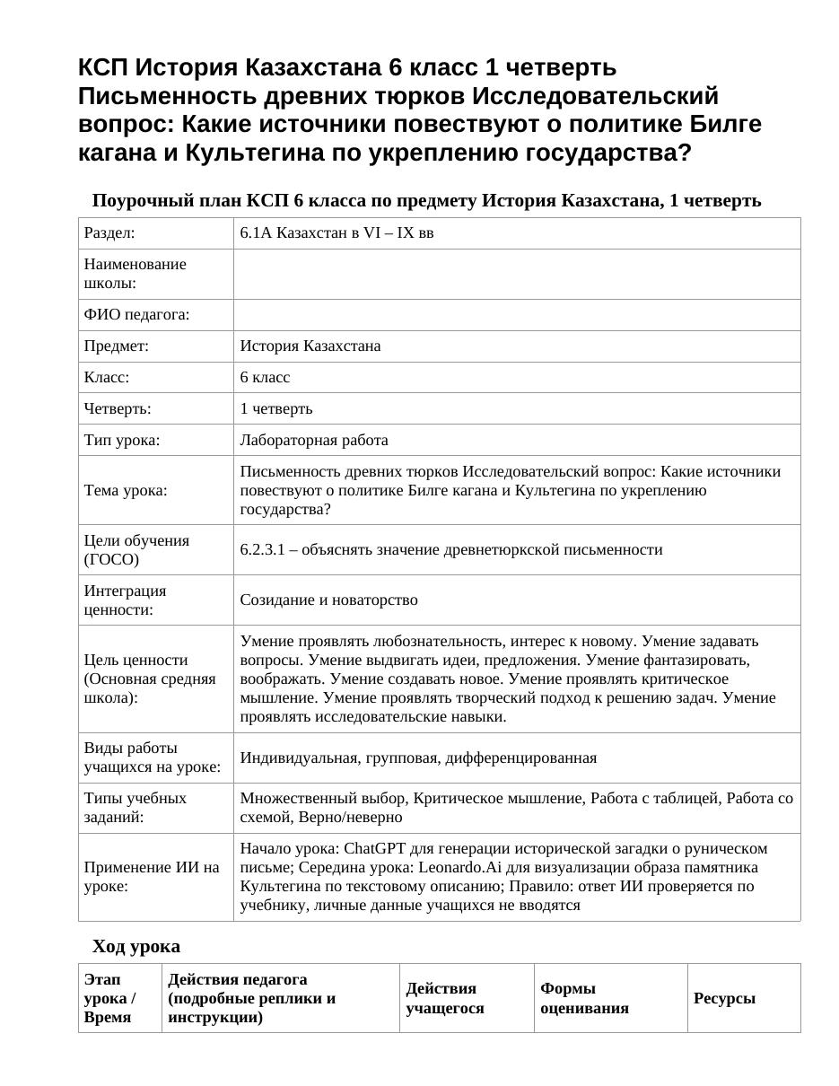 КСП История Казахстана 6 класс 1 четверть Письменность древних тюрков Исследовательский вопрос: Какие источники повествуют о политике Билге кагана и Культегина по укреплению государства?