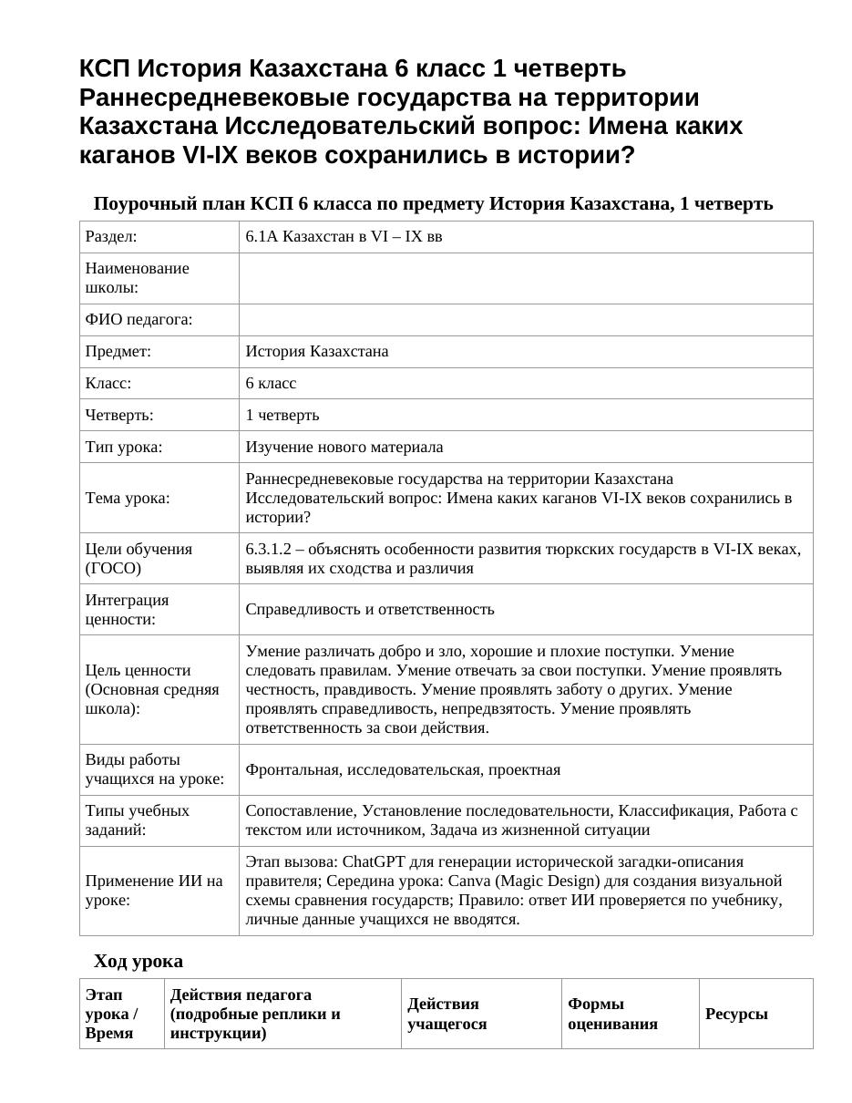 КСП История Казахстана 6 класс 1 четверть Раннесредневековые государства на территории Казахстана Исследовательский вопрос: Имена каких каганов VI-IX веков сохранились в истории?