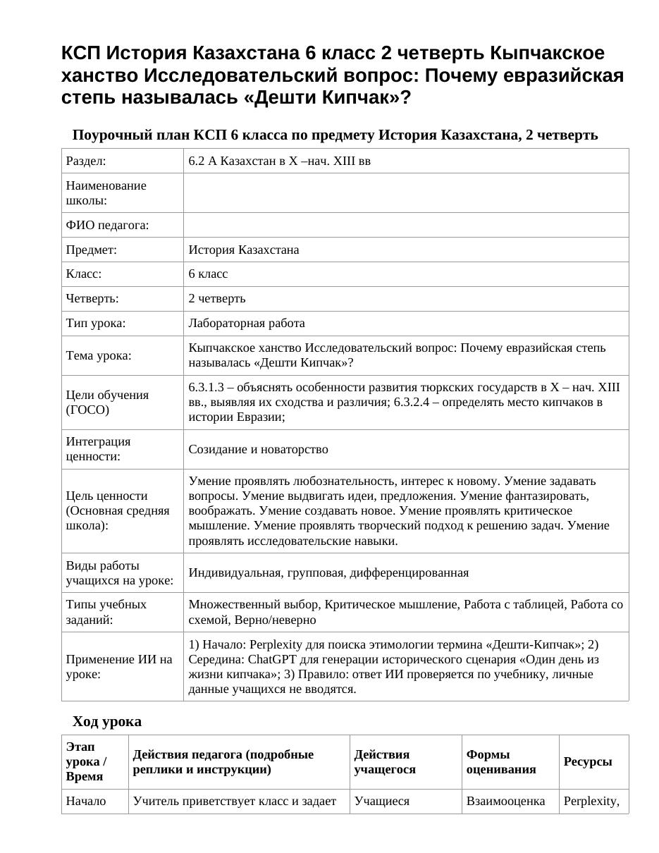 КСП История Казахстана 6 класс 2 четверть Кыпчакское ханство Исследовательский вопрос: Почему евразийская степь называлась «Дешти Кипчак»?