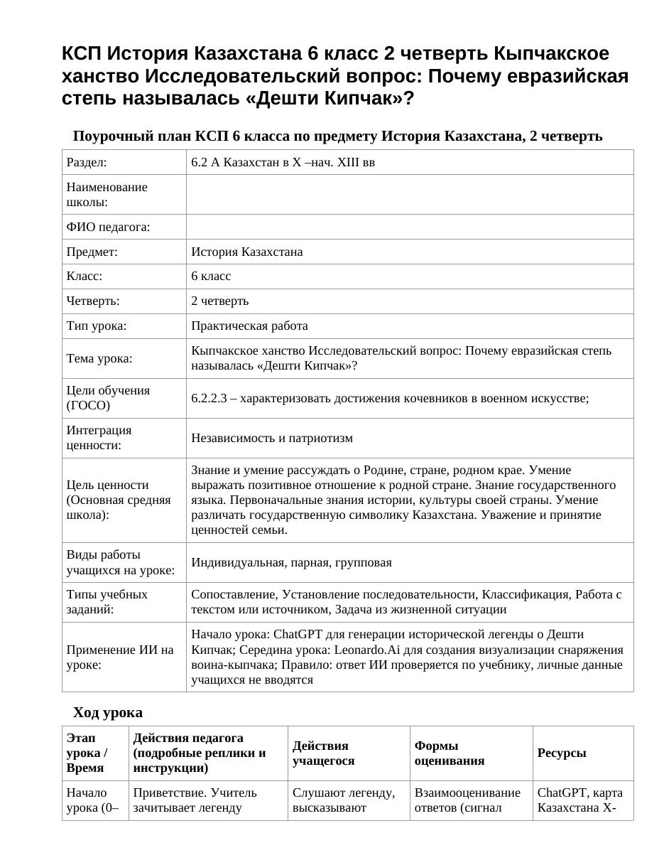 КСП История Казахстана 6 класс 2 четверть Кыпчакское ханство Исследовательский вопрос: Почему евразийская степь называлась «Дешти Кипчак»?