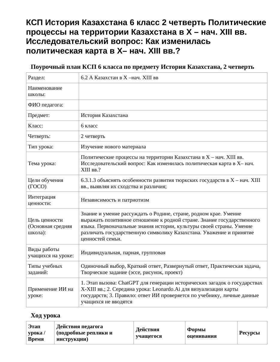 КСП История Казахстана 6 класс 2 четверть Политические процессы на территории Казахстана в X – нач. XІІІ вв. Исследовательский вопрос: Как изменилась политическая карта в X– нач. XIII вв.?