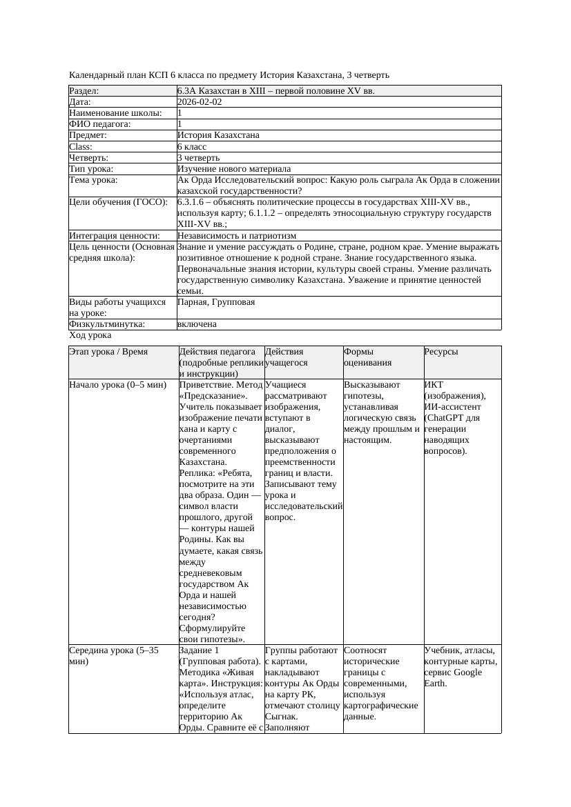 КСП История Казахстана 6класс 3четверть Ак Орда Исследовательский