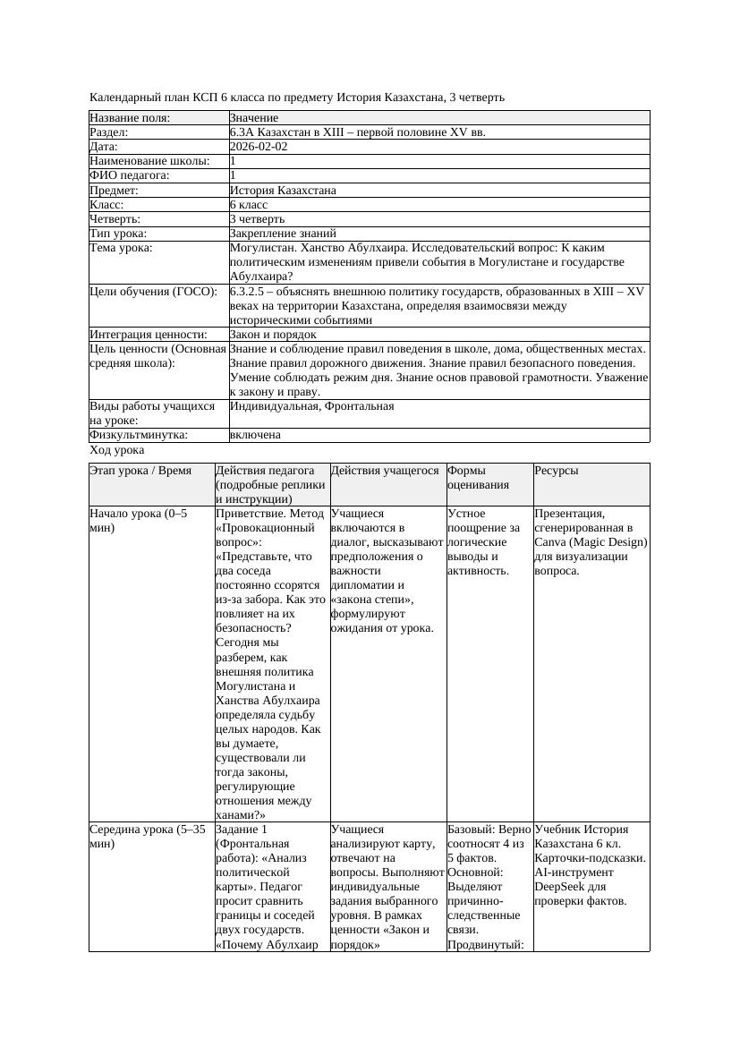 КСП История Казахстана 6класс 3четверть Могулистан Ханство Абулхаир