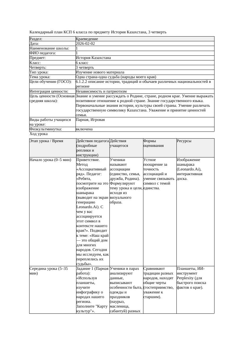КСП История Казахстана 6класс 3четверть Одна страна одна судьба