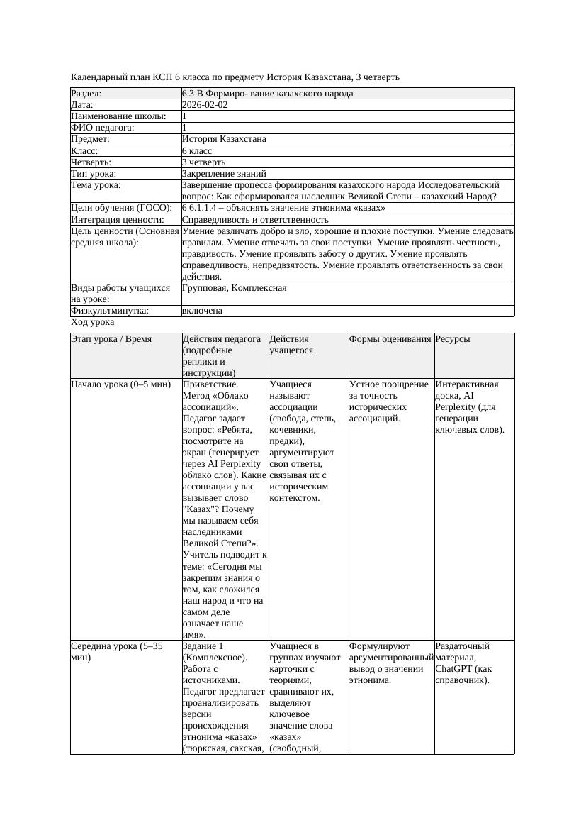 КСП История Казахстана 6класс 3четверть Завершение процесса формирования