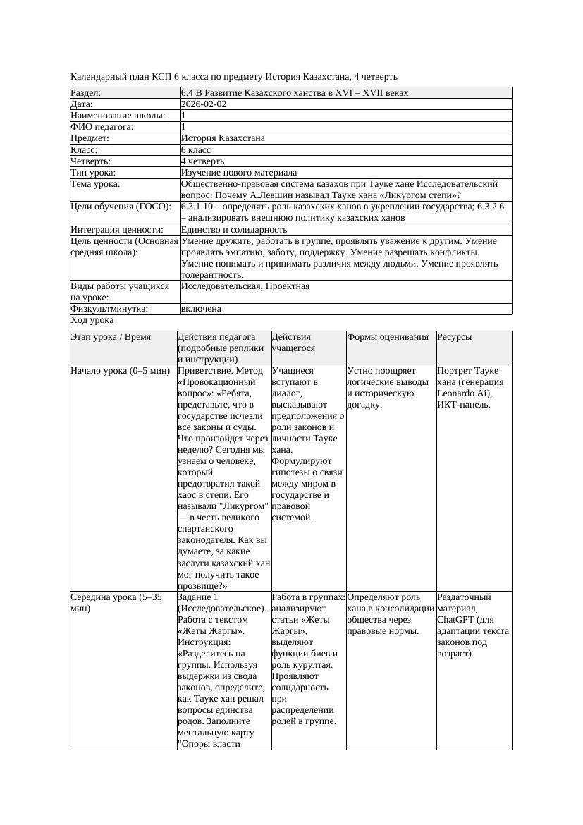 КСП История Казахстана 6класс 4четверть Общественно правовая система