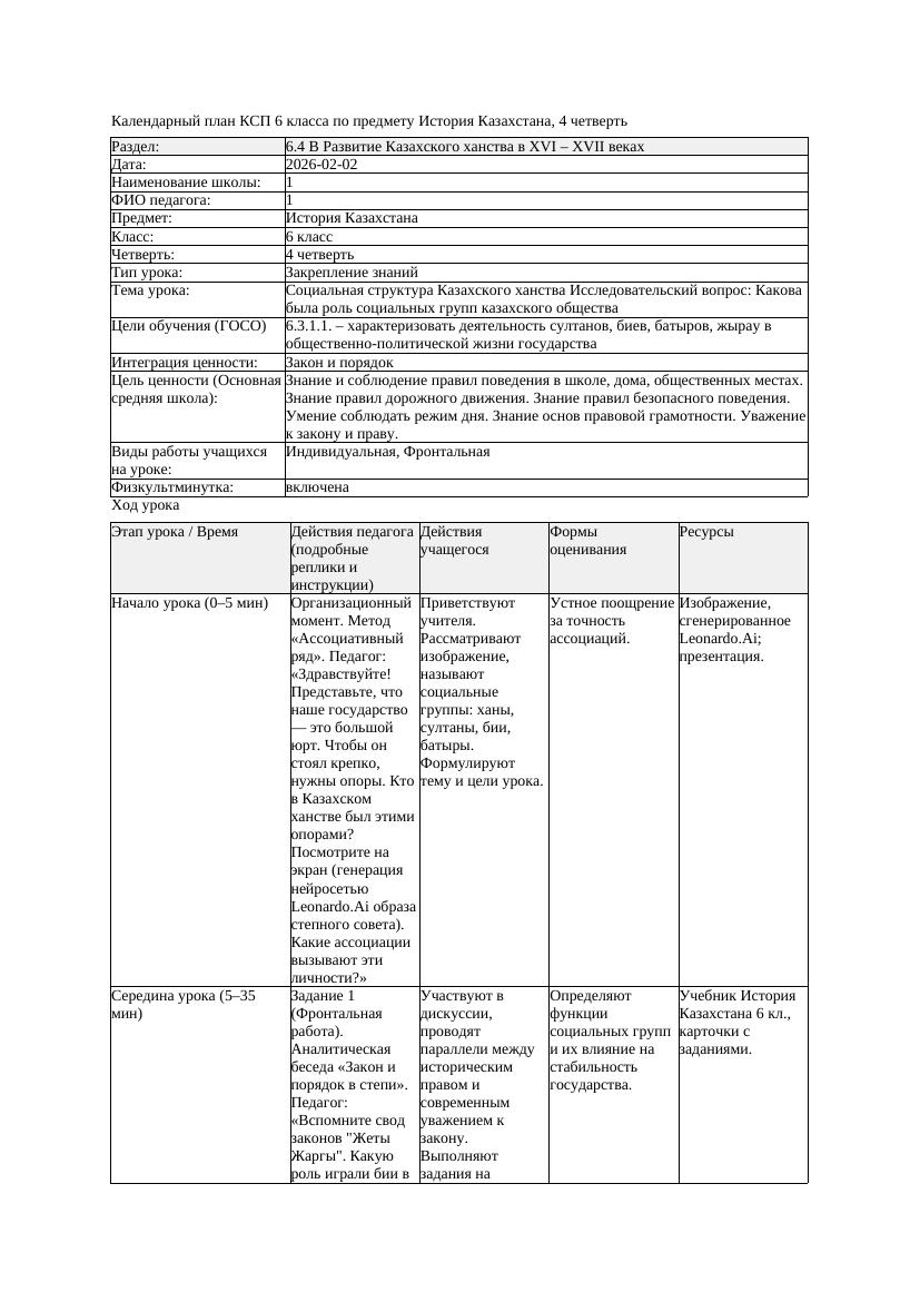 КСП История Казахстана 6класс 4четверть Социальная структура Казахского