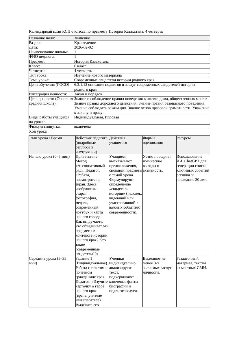 КСП История Казахстана 6класс 4четверть Современные свидетели истории