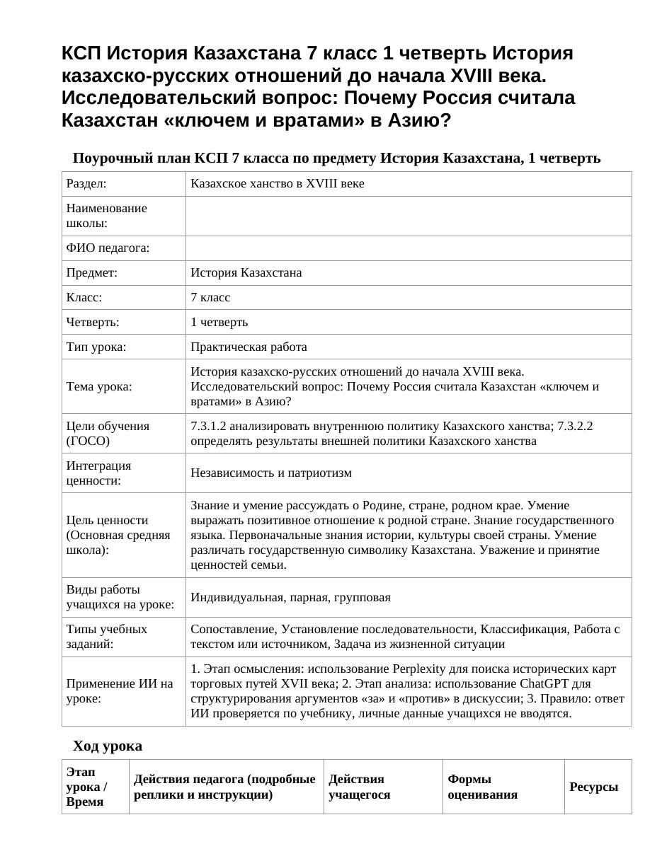 КСП История Казахстана 7 класс 1 четверть История казахско-русских отношений до начала XVIII века. Исследовательский вопрос: Почему Россия считала Казахстан «ключем и вратами» в Азию?