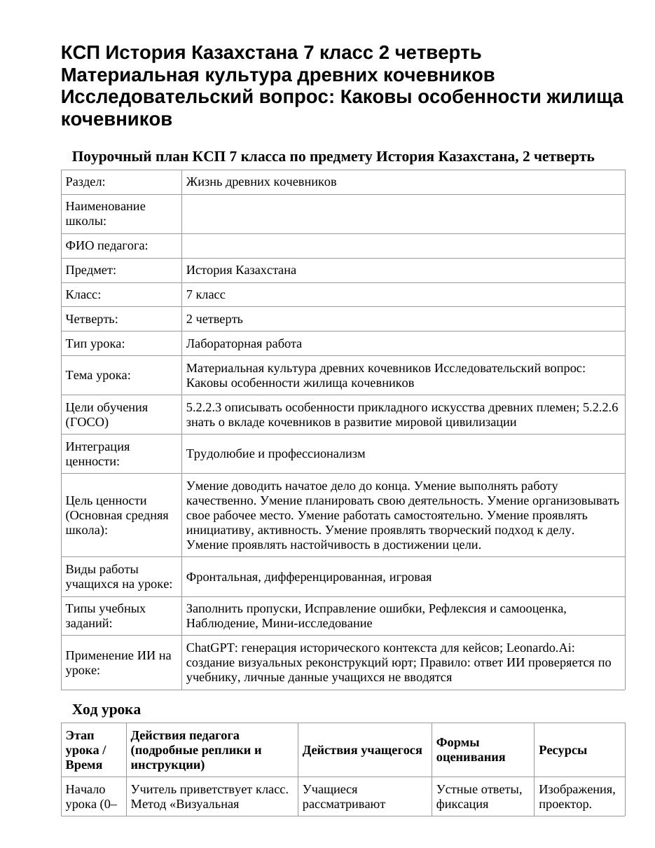 КСП История Казахстана 7 класс 2 четверть Материальная культура древних кочевников Исследовательский вопрос: Каковы особенности жилища кочевников