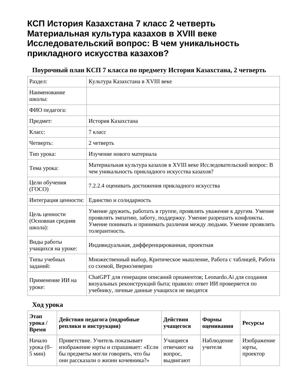 КСП История Казахстана 7 класс 2 четверть Материальная культура казахов в XVIII веке Исследовательский вопрос: В чем уникальность прикладного искусства казахов?