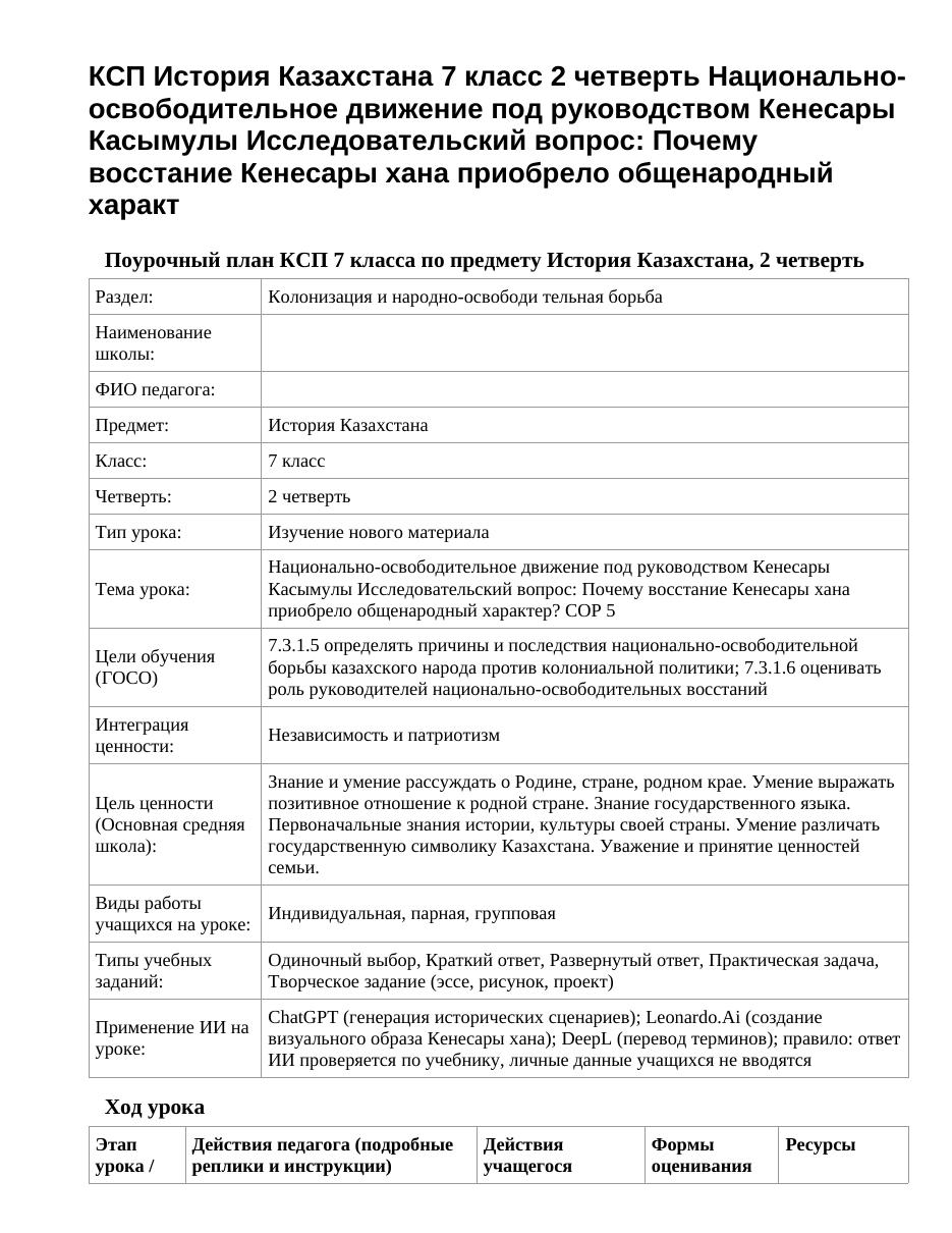 КСП История Казахстана 7 класс 2 четверть Национально-освободительное движение под руководством Кенесары Касымулы Исследовательский вопрос: Почему восстание Кенесары хана приобрело общенародный характ